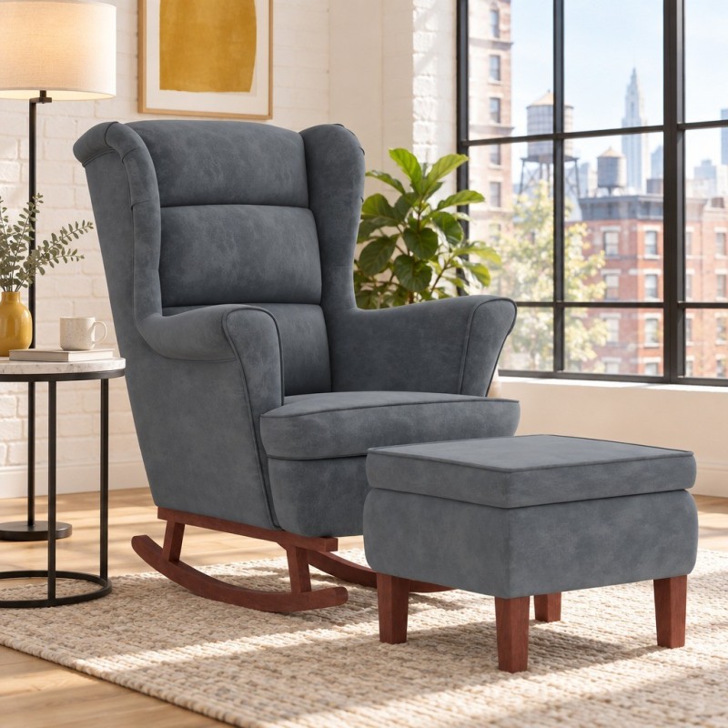 Fauteuil à bascule Tournon velours avec tabouret — mise en situation