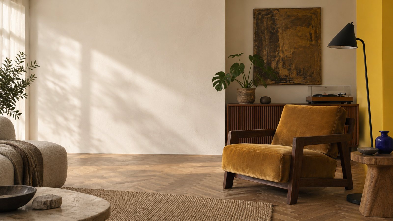 Fauteuil moutarde dans un salon crème avec parquet, lampadaire noir et vase cobalt