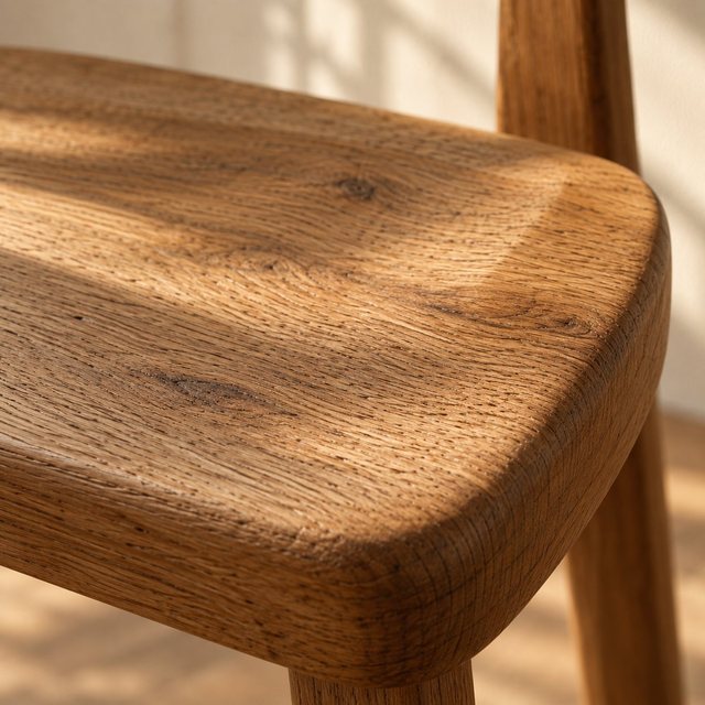 Gros plan sur le veinage et le bord arrondi d'une assise en bois massif