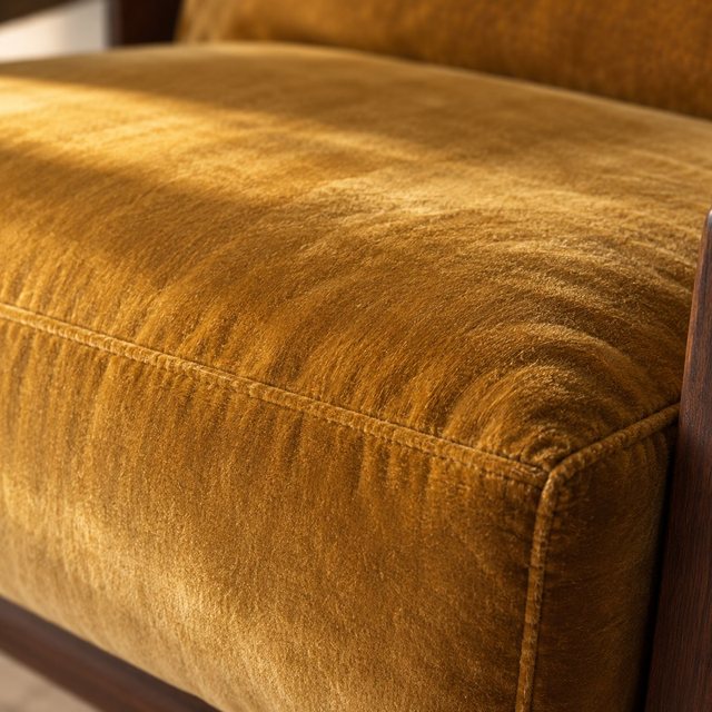 Gros plan sur une assise en velours moutarde, ses plis et sa couture